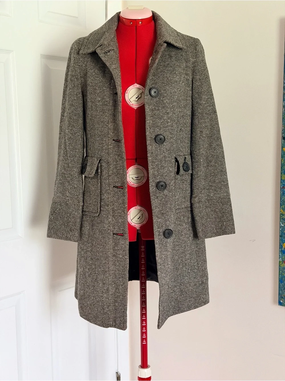 RARE NWOT Y2K 2008 Gap Doen Wool Silk Pea Coat Gray Herringbone Plaid S